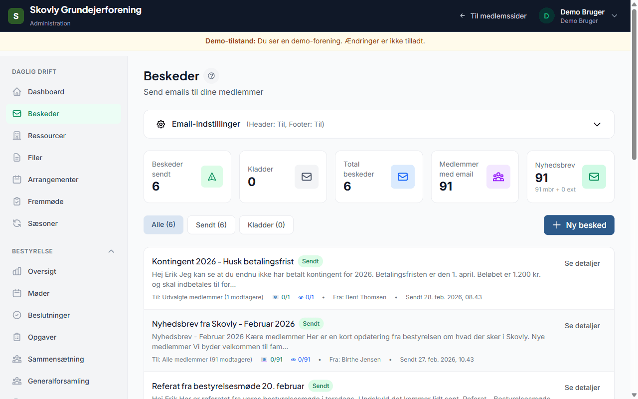 Kommunikation - screenshot fra Foreningsstyring