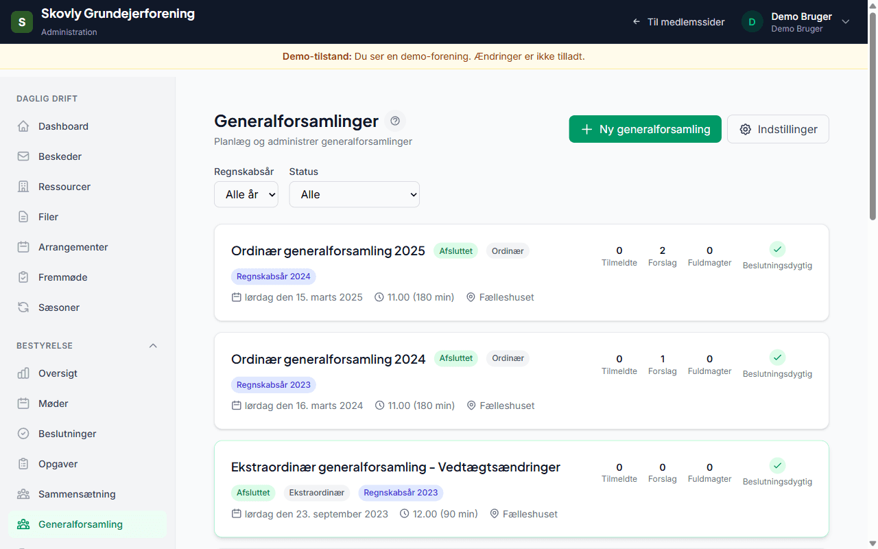 Generalforsamling - screenshot fra Foreningsstyring