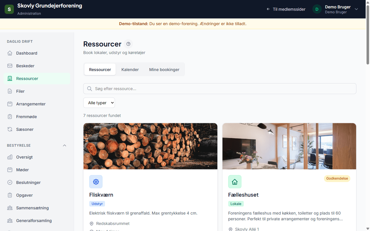 Ressourcebooking - screenshot fra Foreningsstyring